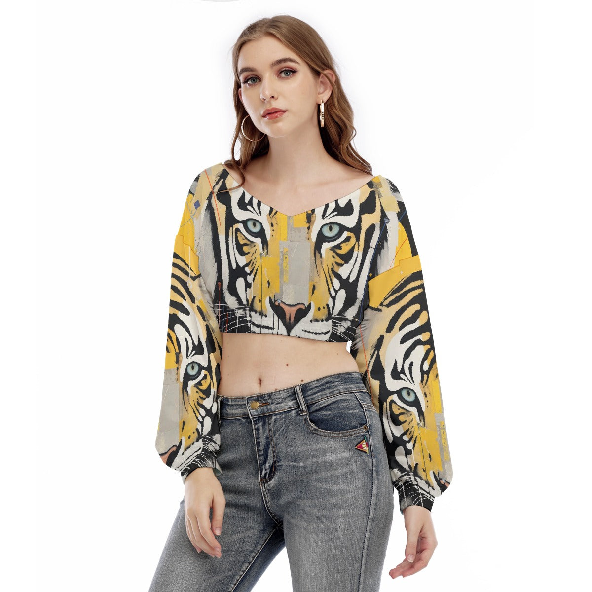 All-Over Print Women's V-neck Long Sleeve Cropped Sweatshirt