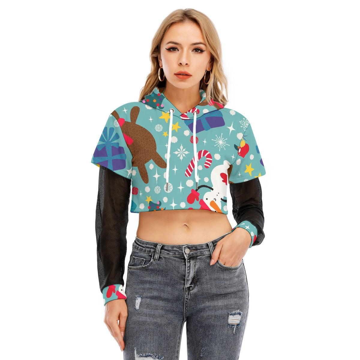 All-Over Print Women's Fake Two-piece Mesh Sleeve Cropped Hoodie
