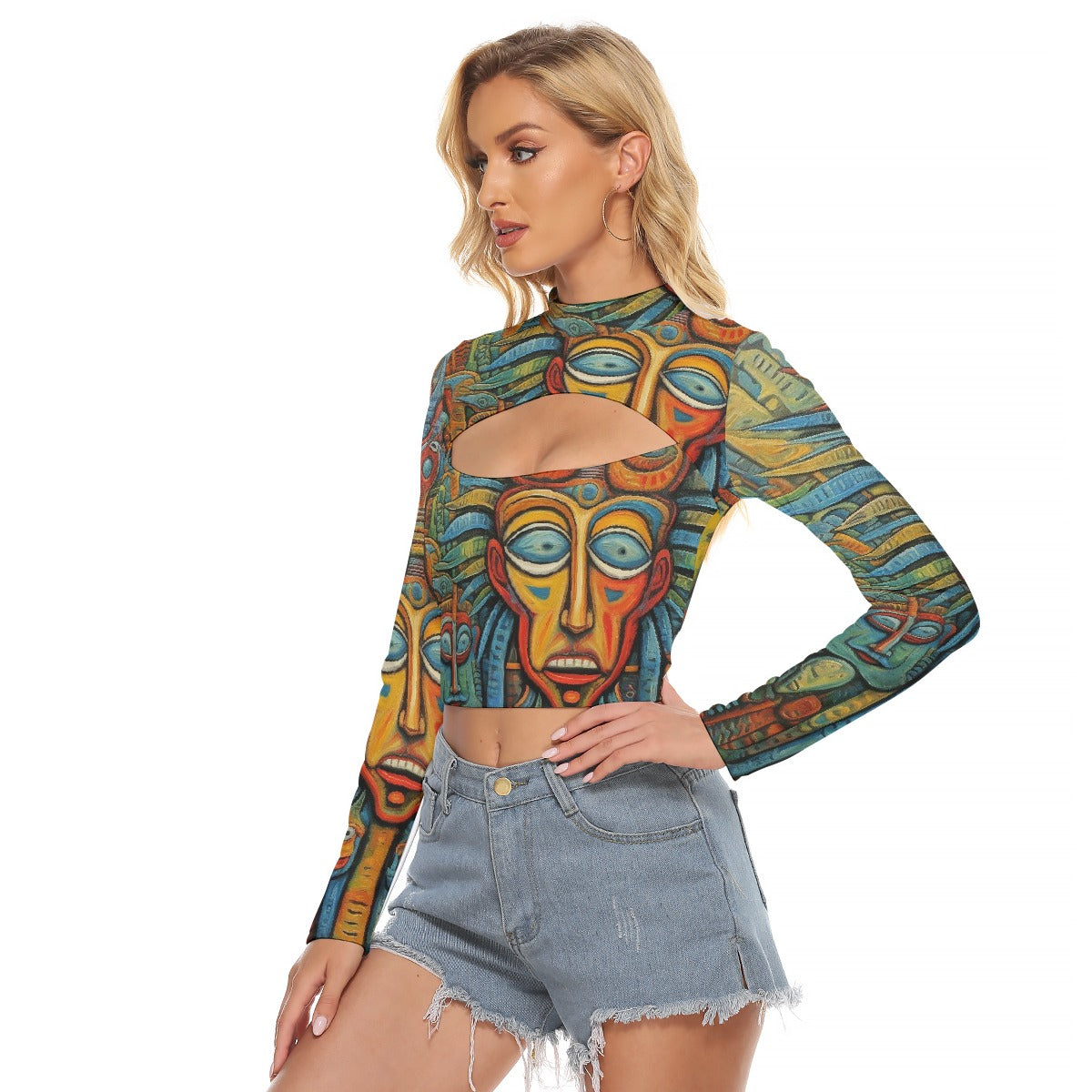 All-Over Print Women's Hollow Chest Keyhole Tight Crop Top