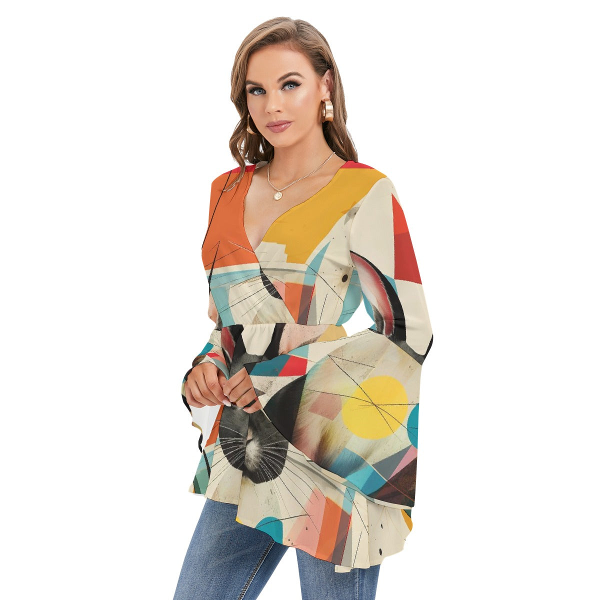 All-Over Print Women's V-neck Blouse With Flared Sleeves