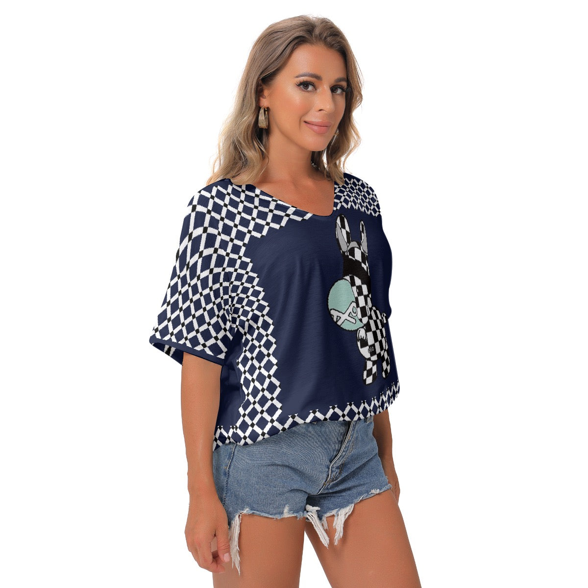 All-Over Print Women's Bat Sleeves V-Neck Blouse