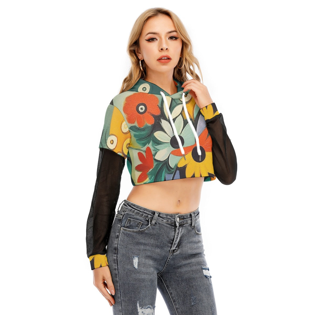 All-Over Print Women's Fake Two-piece Mesh Sleeve Cropped Hoodie