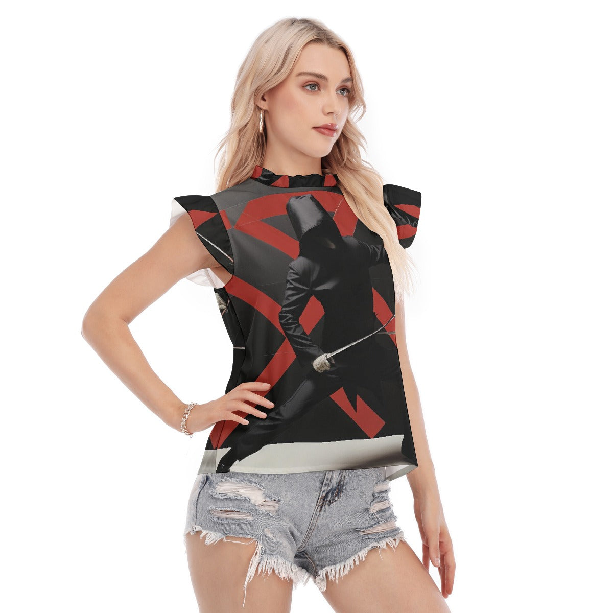 All-Over Print Women's Blouse With Ruffle Collar And Sleeve