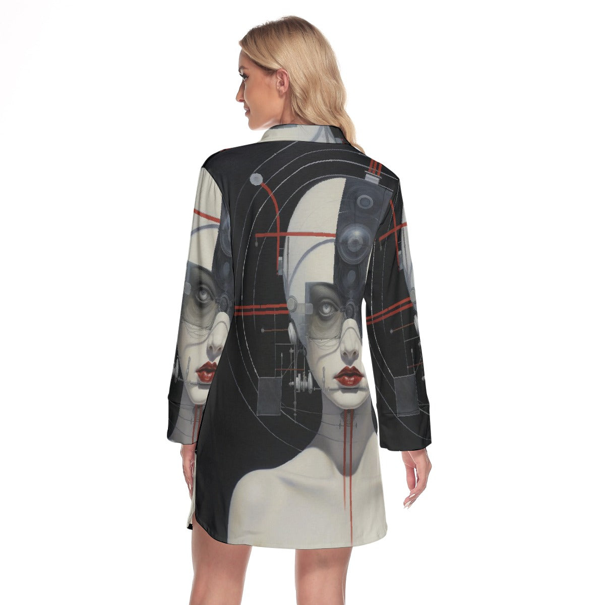 All-Over Print Women's Lapel Shirt Dress With Long Sleeve