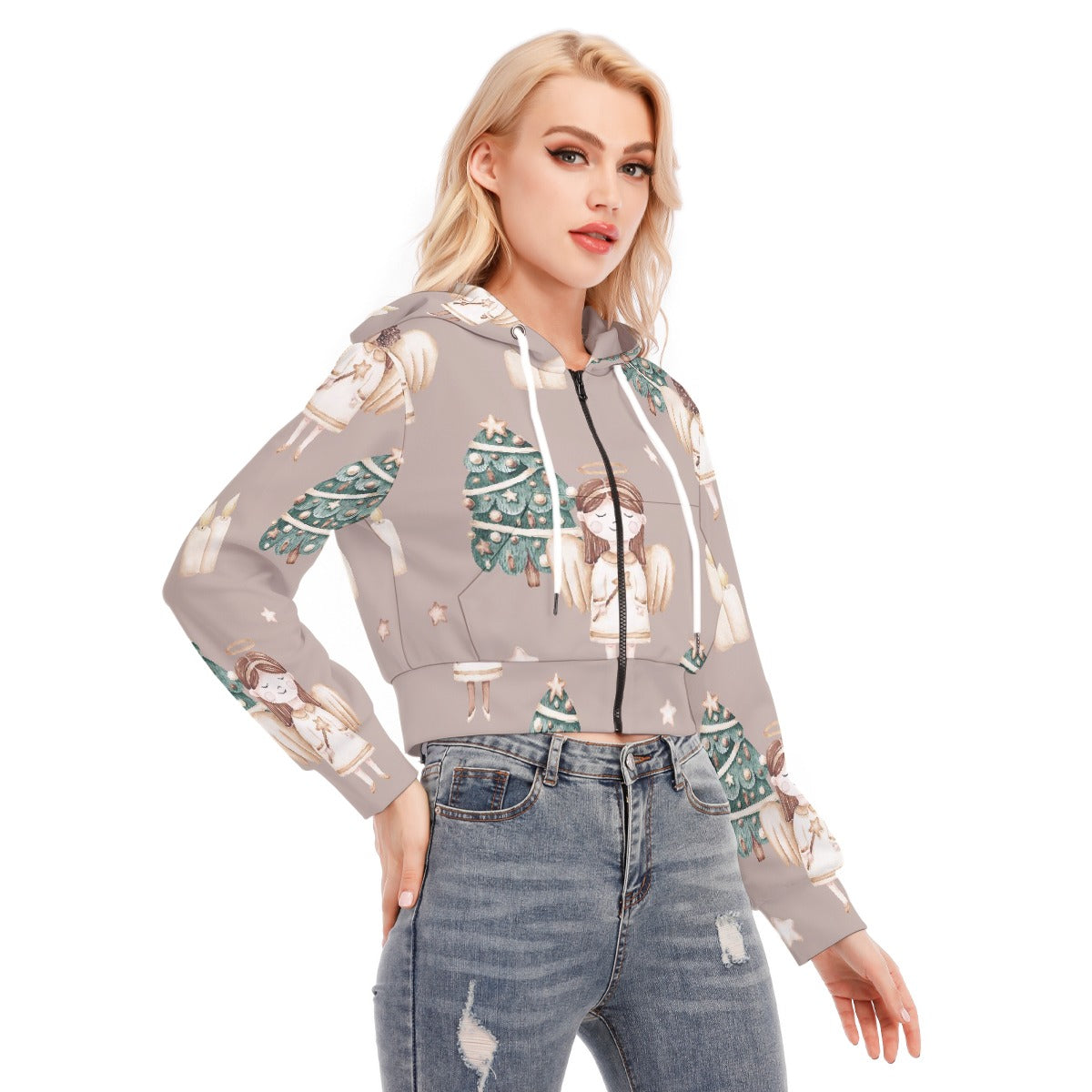 All-Over Print Women's Crop Top Hoodie With Zipper Closure