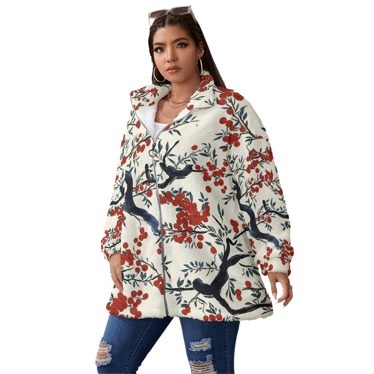All-Over Print Unisex Borg Fleece Stand-up Collar Coat With Zipper Closure(Plus Size)