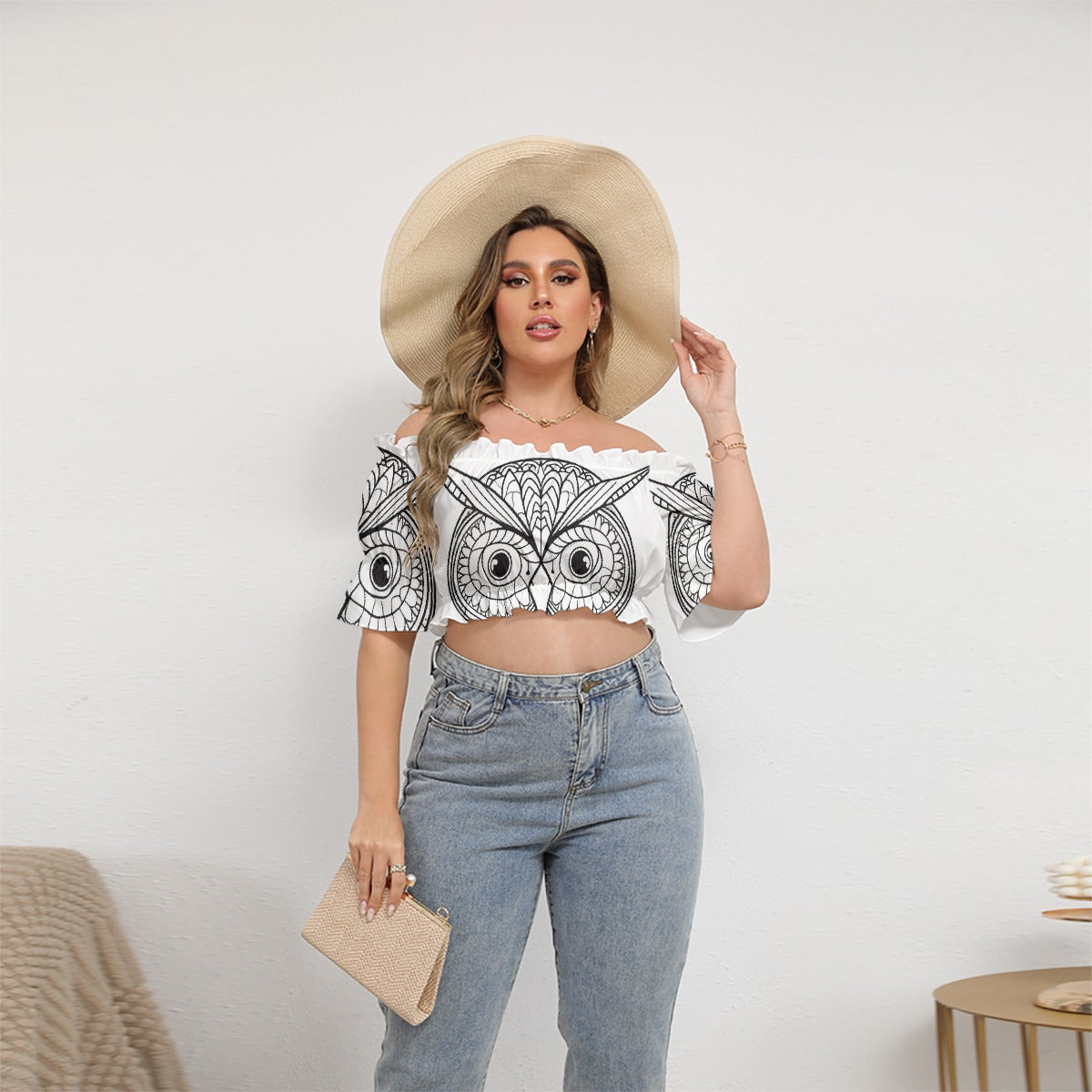 All-Over Print Women's Off-shoulder Cropped Top With Short Puff Sleeve