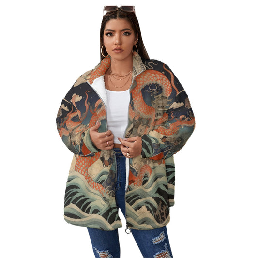 All-Over Print Unisex Borg Fleece Stand-up Collar Coat With Zipper Closure(Plus Size)