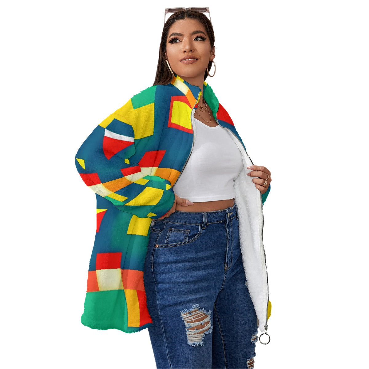 All-Over Print Unisex Borg Fleece Stand-up Collar Coat With Zipper Closure(Plus Size)