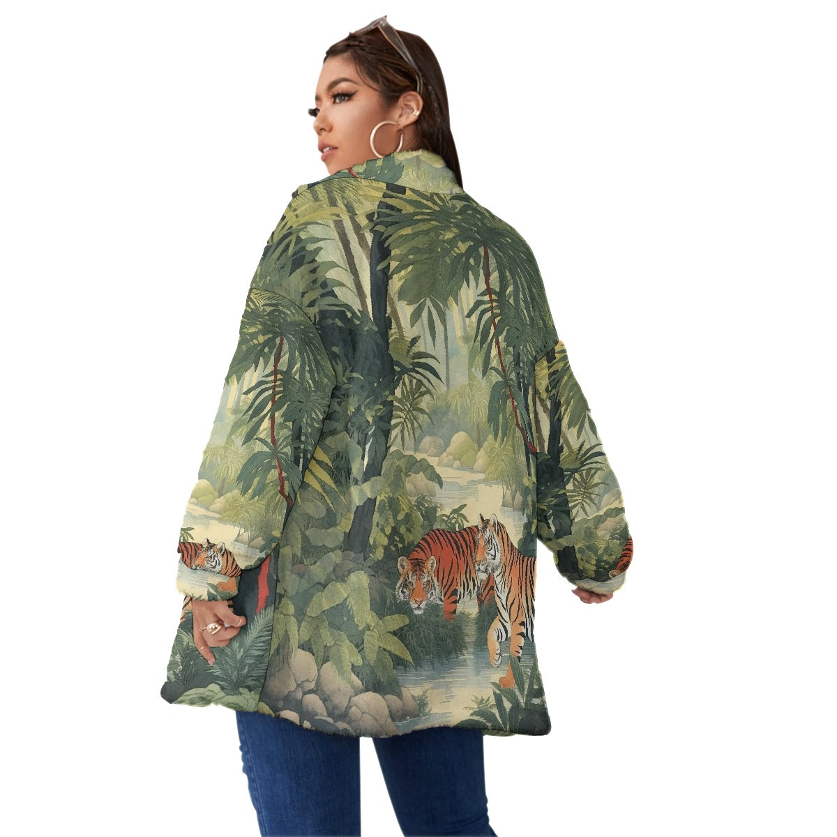All-Over Print Unisex Borg Fleece Stand-up Collar Coat With Zipper Closure(Plus Size)