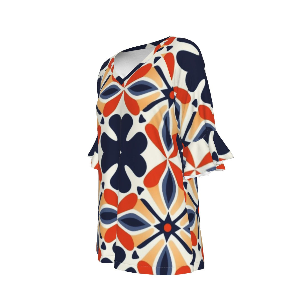 All-Over Print V-neck Women's T-shirt With Bell Sleeve