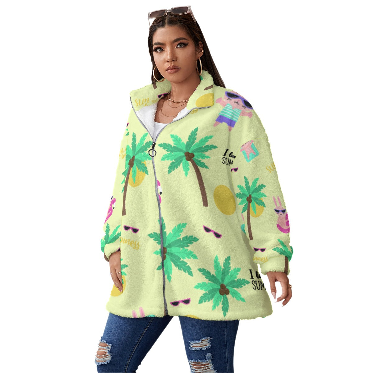 All-Over Print Unisex Borg Fleece Stand-up Collar Coat With Zipper Closure(Plus Size)