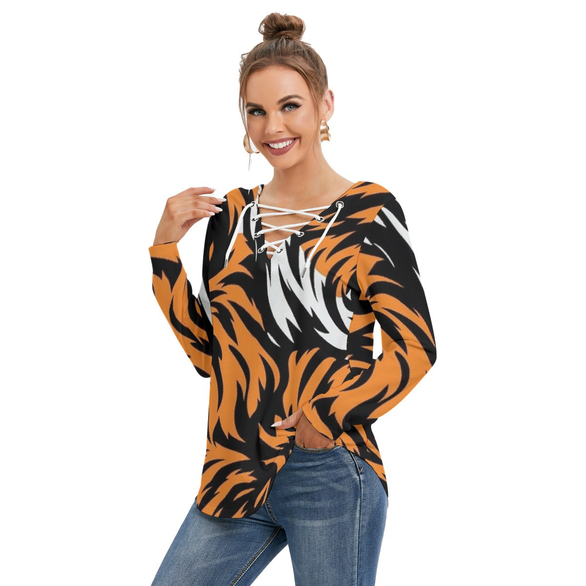 All-Over Print Women's Long Sleeve Neckline Tie Sweatshirt