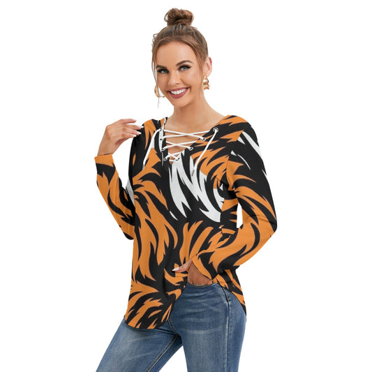 All-Over Print Women's Long Sleeve Neckline Tie Sweatshirt