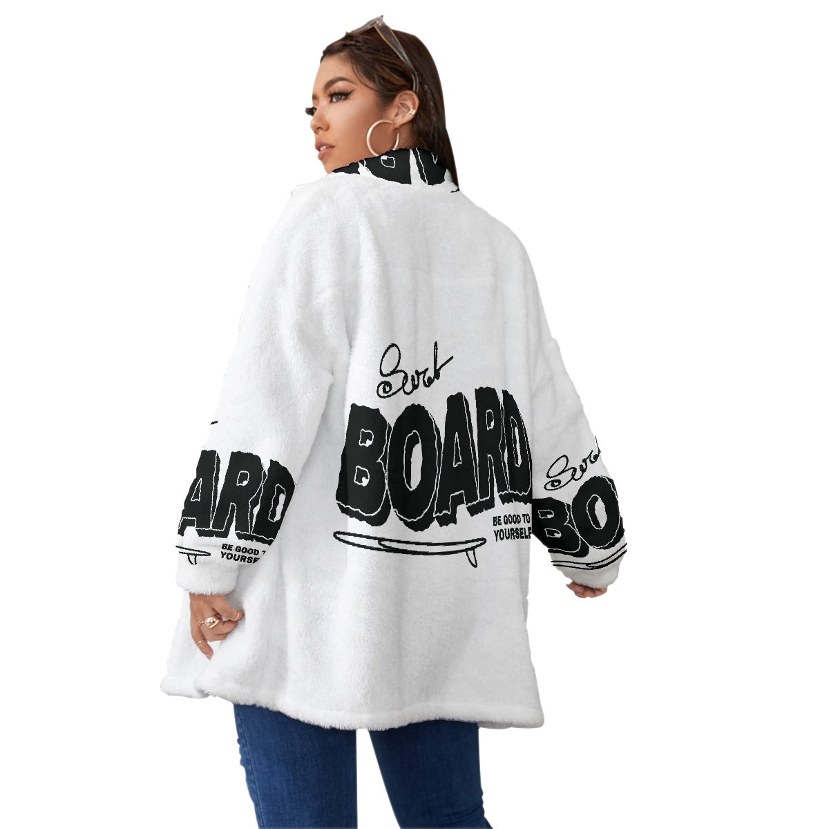 All-Over Print Unisex Borg Fleece Stand-up Collar Coat With Zipper Closure(Plus Size)