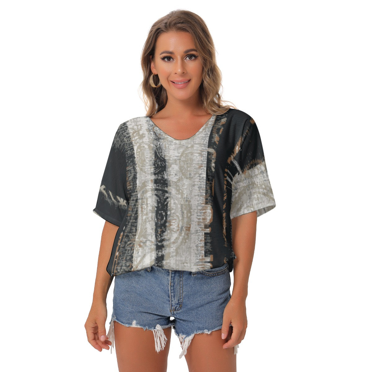 All-Over Print Women's Bat Sleeves V-Neck Blouse