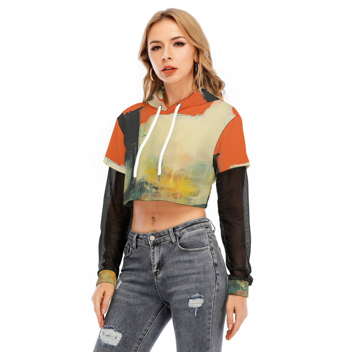 All-Over Print Women's Fake Two-piece Mesh Sleeve Cropped Hoodie
