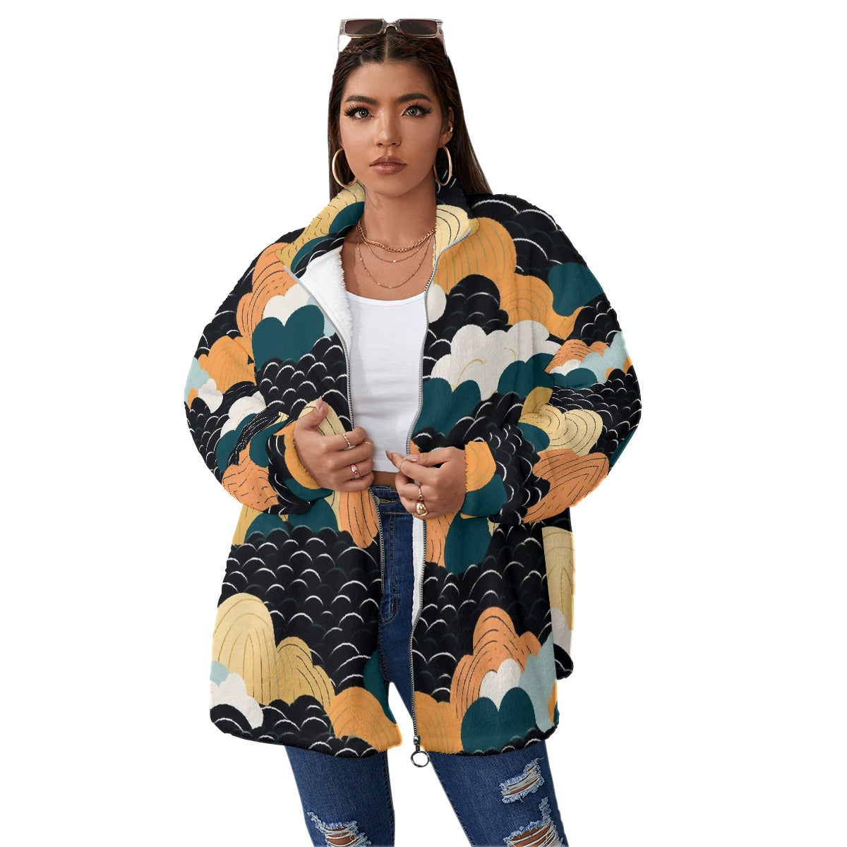 All-Over Print Unisex Borg Fleece Stand-up Collar Coat With Zipper Closure(Plus Size)
