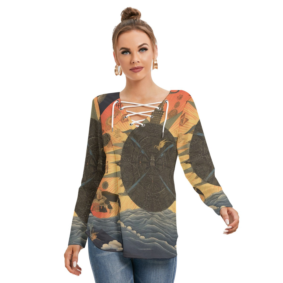 All-Over Print Women's Long Sleeve Neckline Tie Sweatshirt