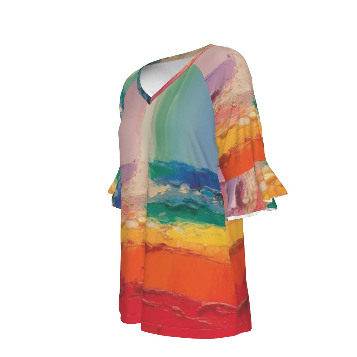 All-Over Print V-neck Women's T-shirt With Bell Sleeve