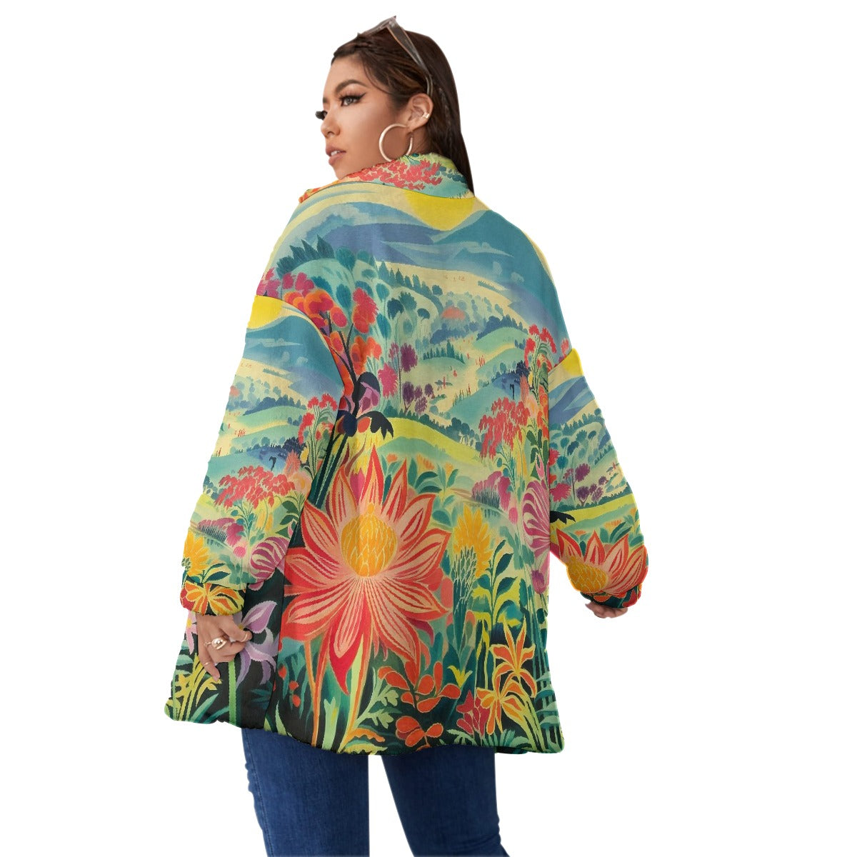 All-Over Print Unisex Borg Fleece Stand-up Collar Coat With Zipper Closure(Plus Size)