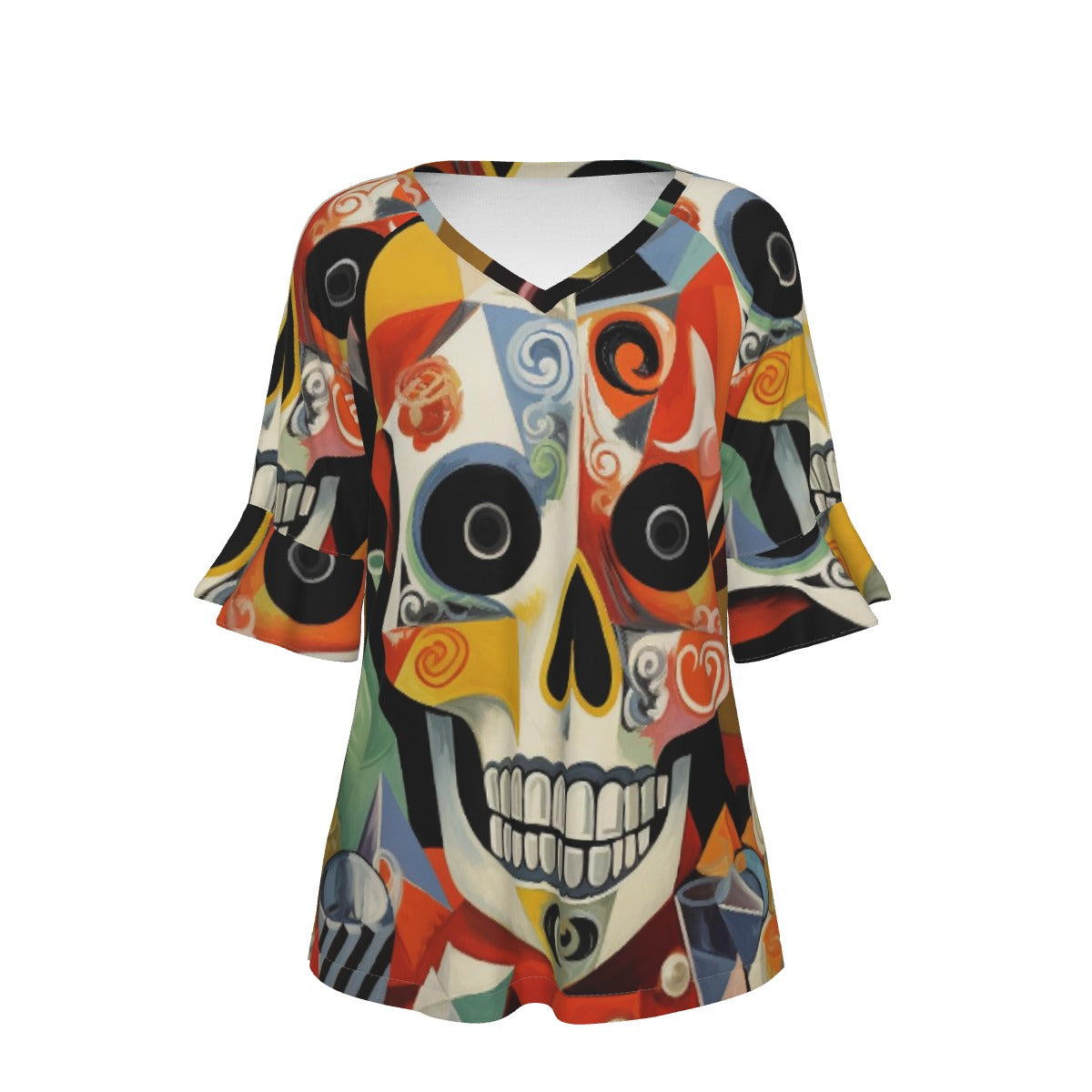 All-Over Print V-neck Women's T-shirt With Bell Sleeve