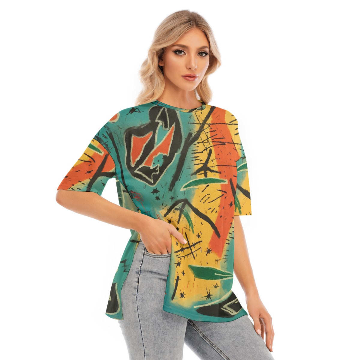 All-Over Print Women's Short Sleeves T-shirt With Hem Split