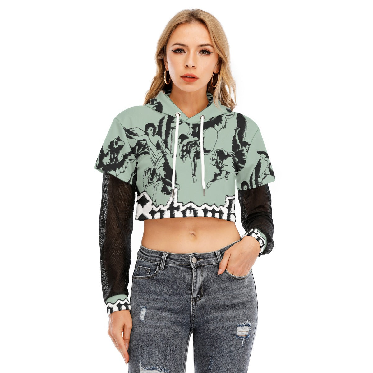 All-Over Print Women's Fake Two-piece Mesh Sleeve Cropped Hoodie