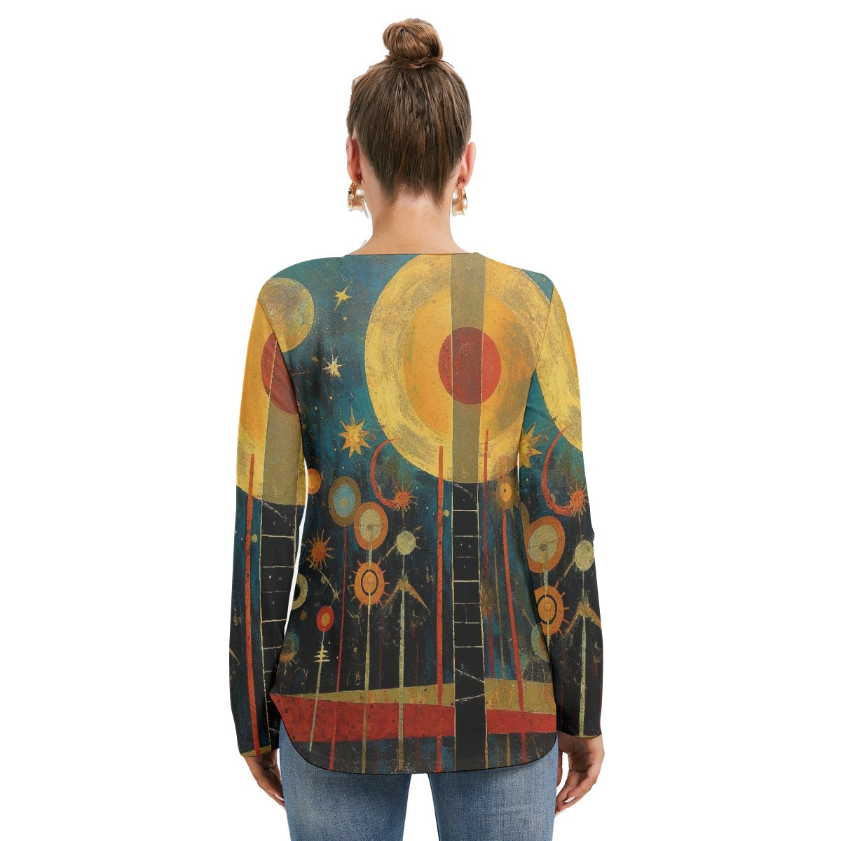 All-Over Print Women's Long Sleeve Neckline Tie Sweatshirt