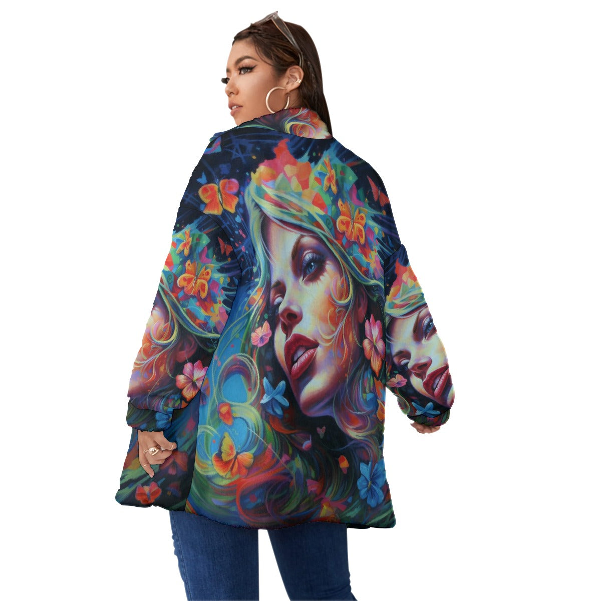 All-Over Print Unisex Borg Fleece Stand-up Collar Coat With Zipper Closure(Plus Size)
