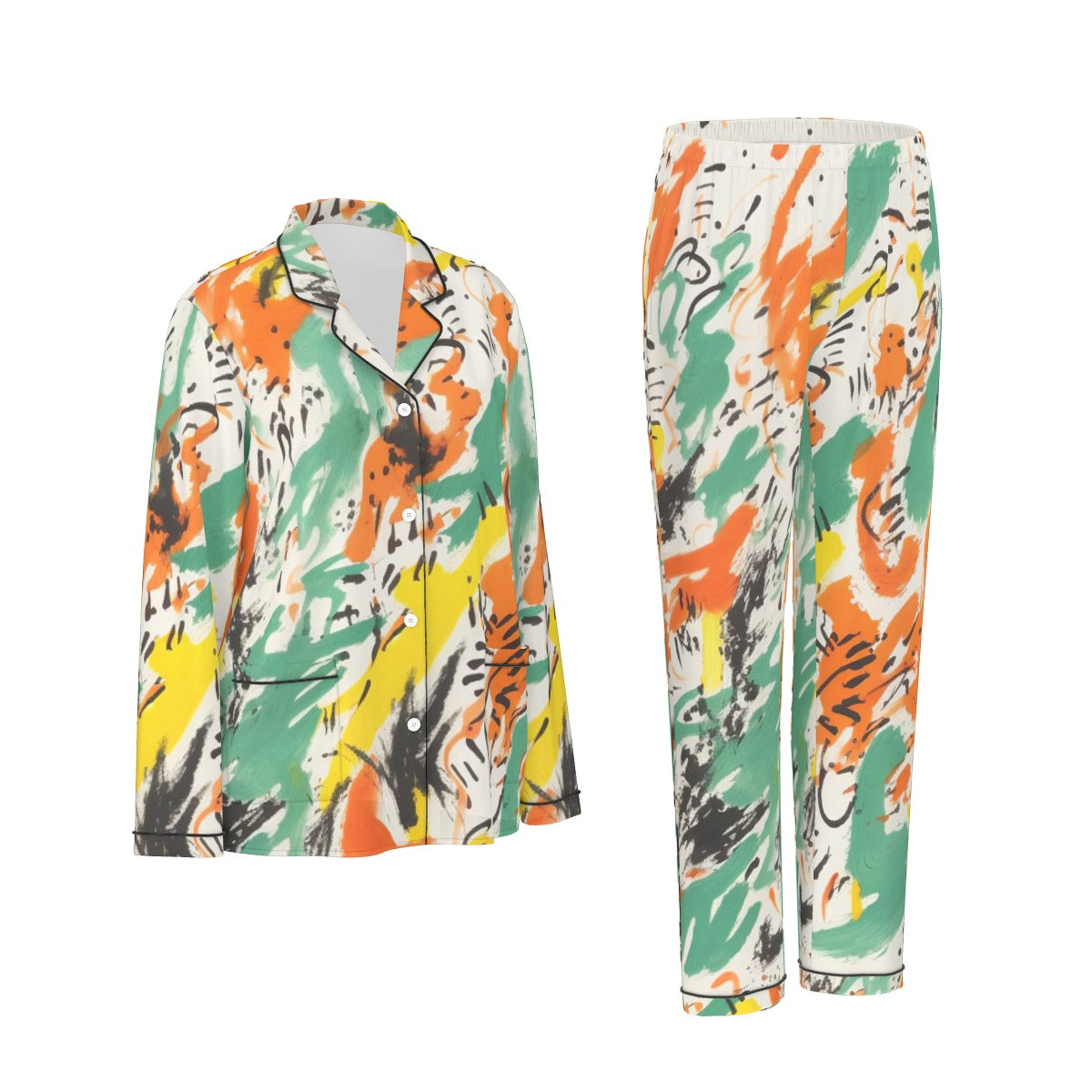 All-Over Print Women's Long Sleeve Pajama Set With Black Contrast Piping