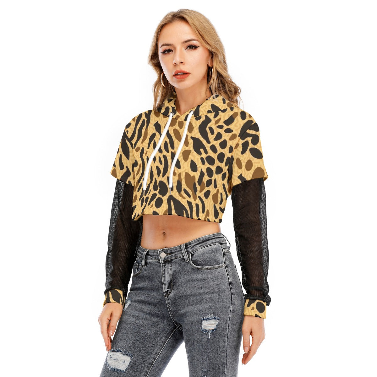 All-Over Print Women's Fake Two-piece Mesh Sleeve Cropped Hoodie