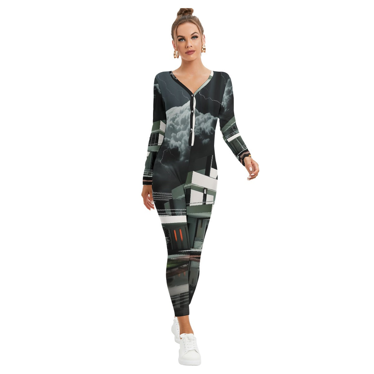 All-Over Print Women's Plunging Neck Jumpsuit