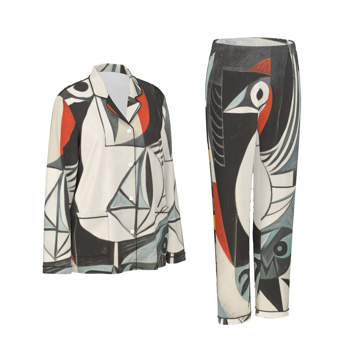 All-Over Print Women's Long Sleeve Pajama Set With Black Contrast Piping