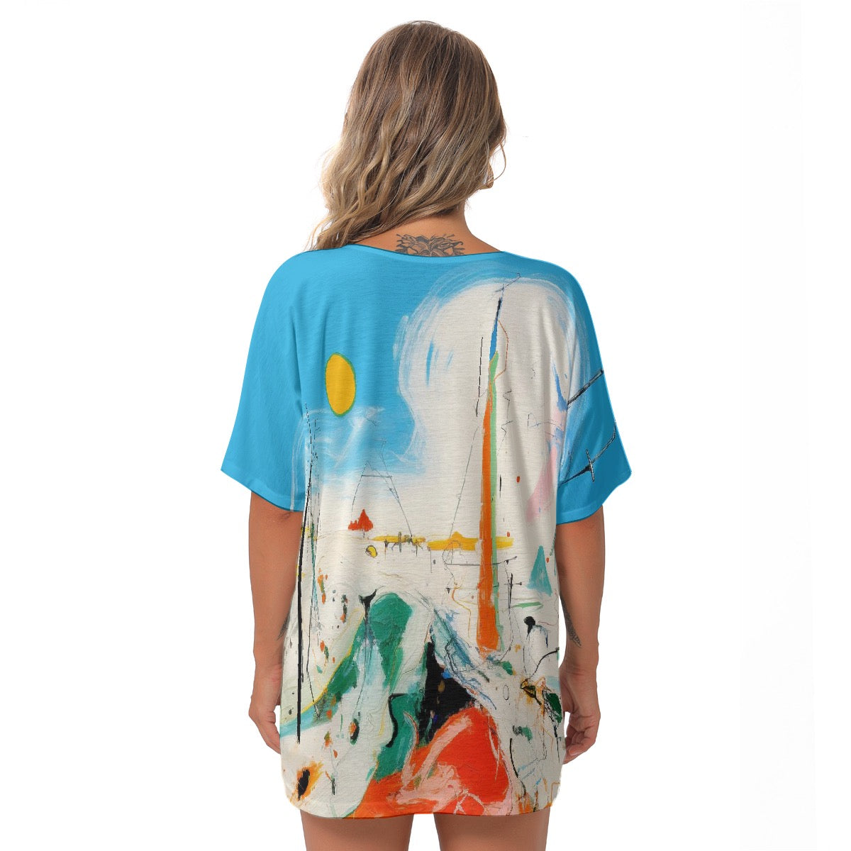 All-Over Print Women's Bat Sleeves V-Neck Blouse