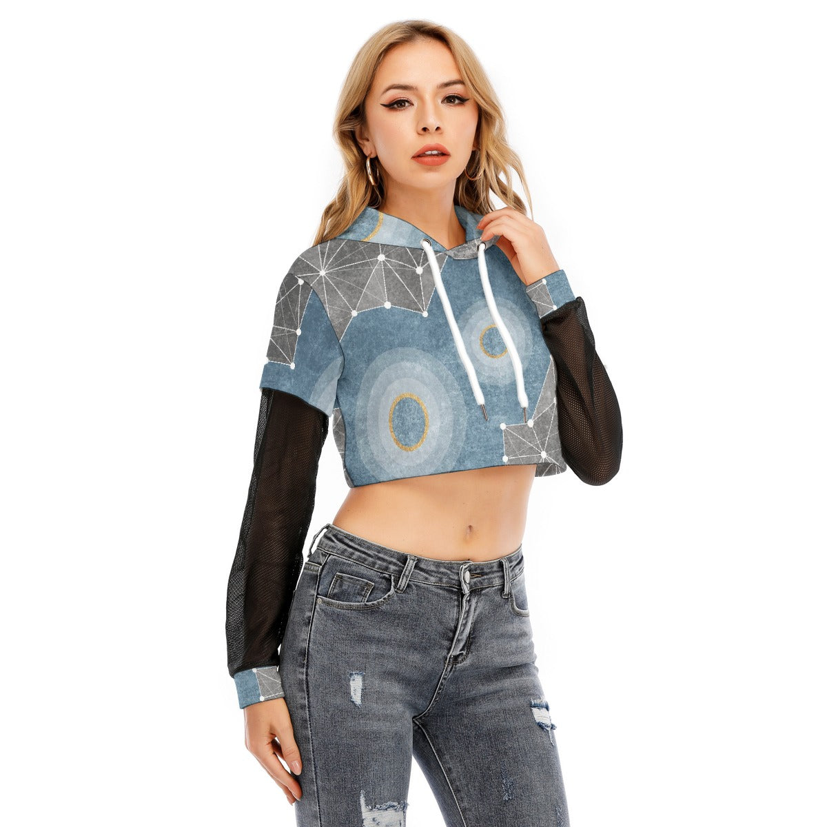 All-Over Print Women's Fake Two-piece Mesh Sleeve Cropped Hoodie