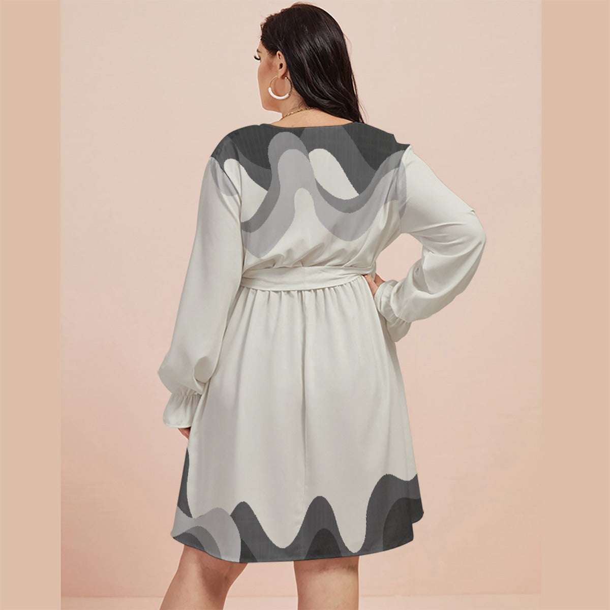 All-Over Print Women's V-neck Dress With Waistband(Plus Size)