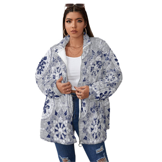 All-Over Print Unisex Borg Fleece Stand-up Collar Coat With Zipper Closure(Plus Size)