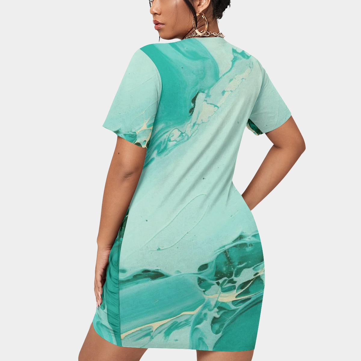 All-Over Print Women’s Stacked Hem Dress With Short Sleeve（Plus Size）