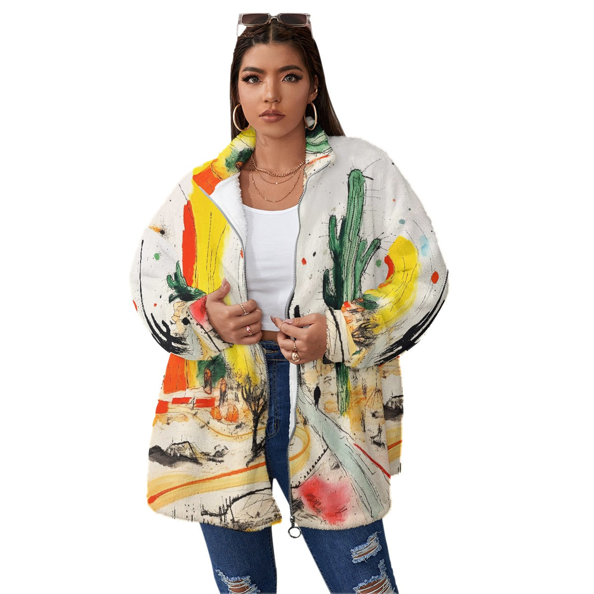 All-Over Print Unisex Borg Fleece Stand-up Collar Coat With Zipper Closure(Plus Size)