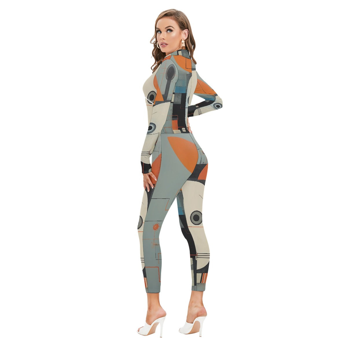 All-Over Print Women's Long-sleeved High-neck Jumpsuit With Zipper