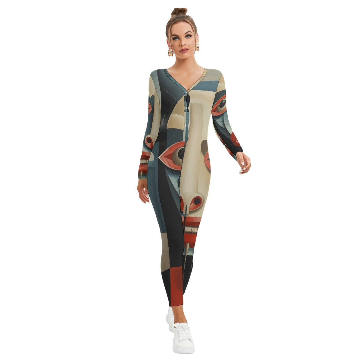 All-Over Print Women's Plunging Neck Jumpsuit