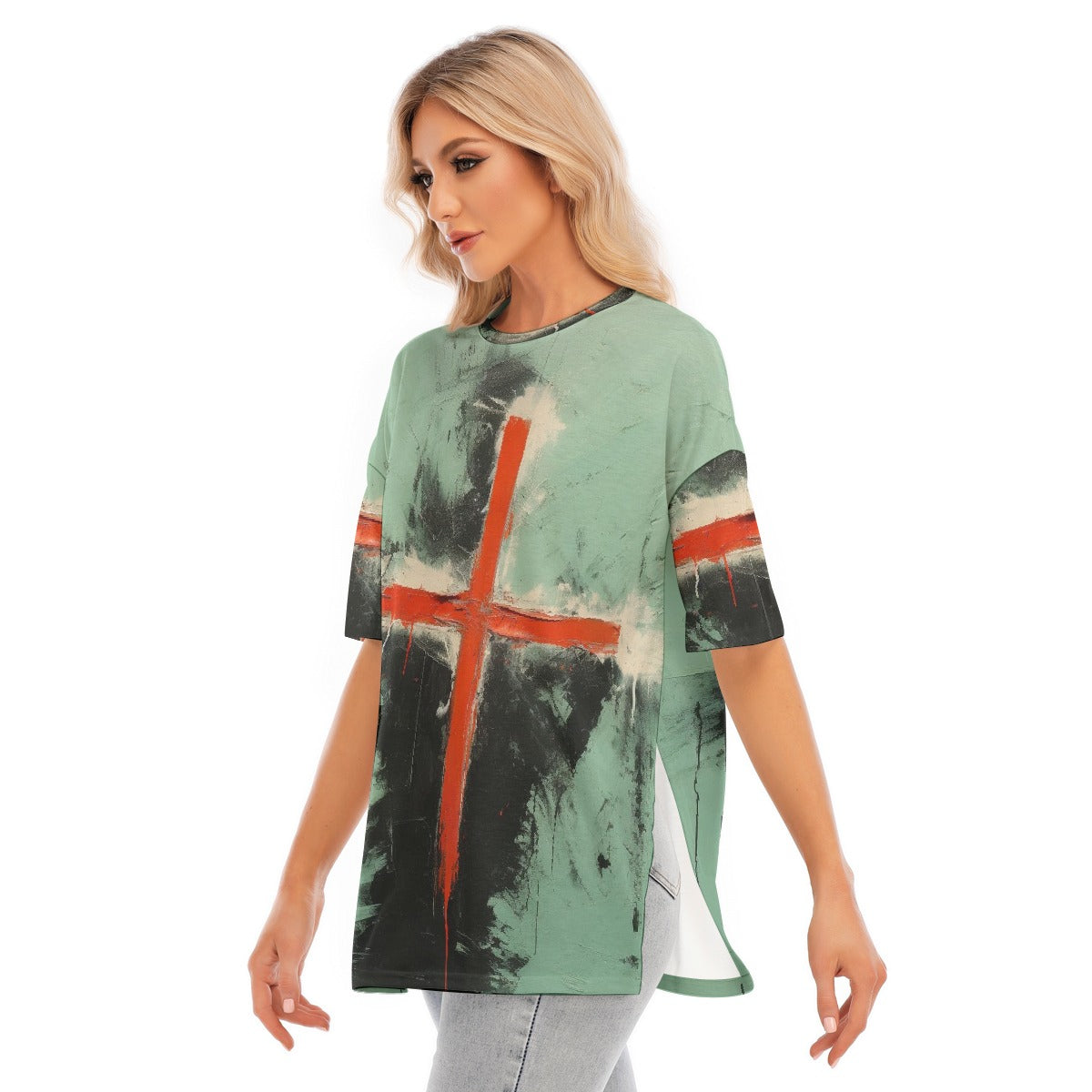 All-Over Print Women's Short Sleeves T-shirt With Hem Split