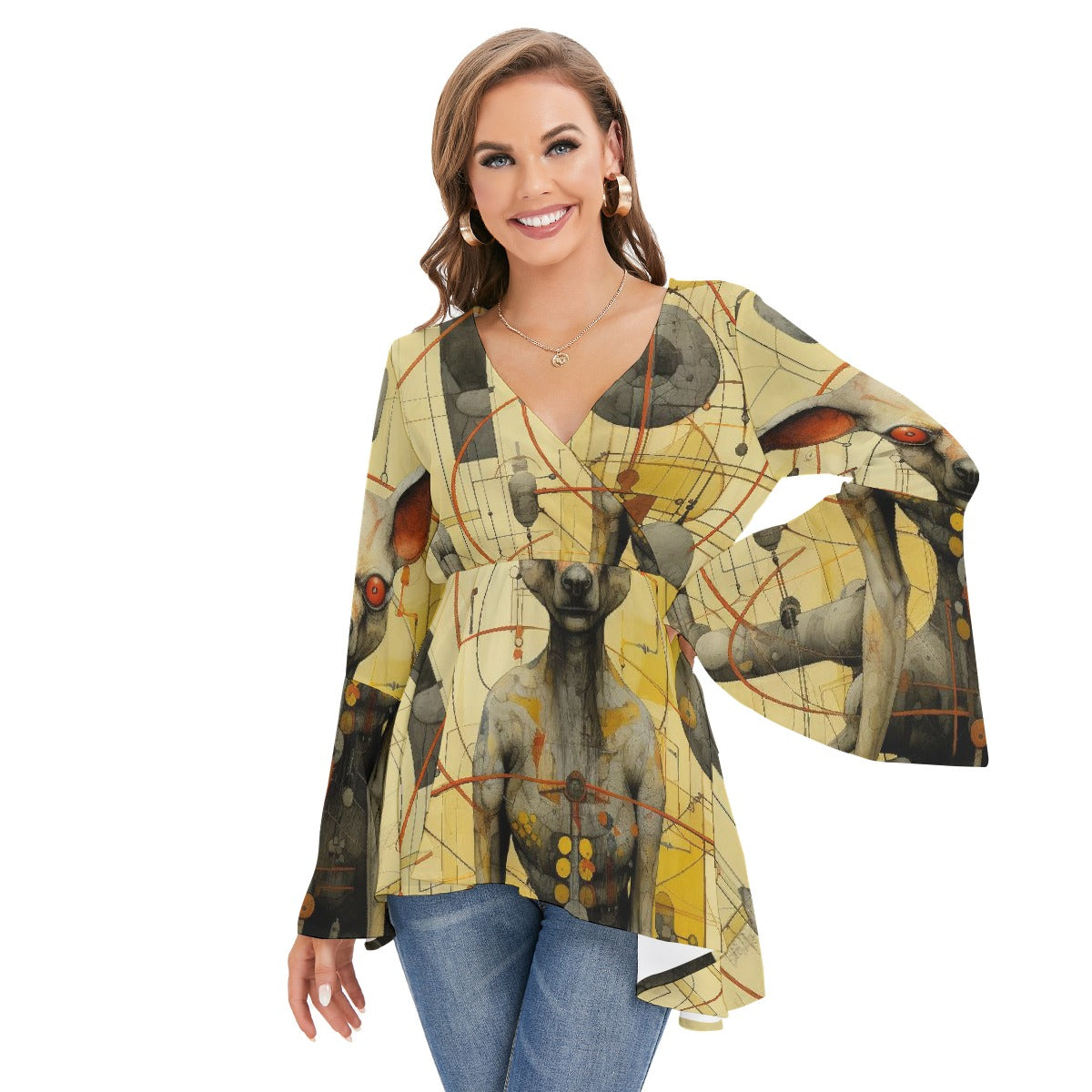 All-Over Print Women's V-neck Blouse With Flared Sleeves
