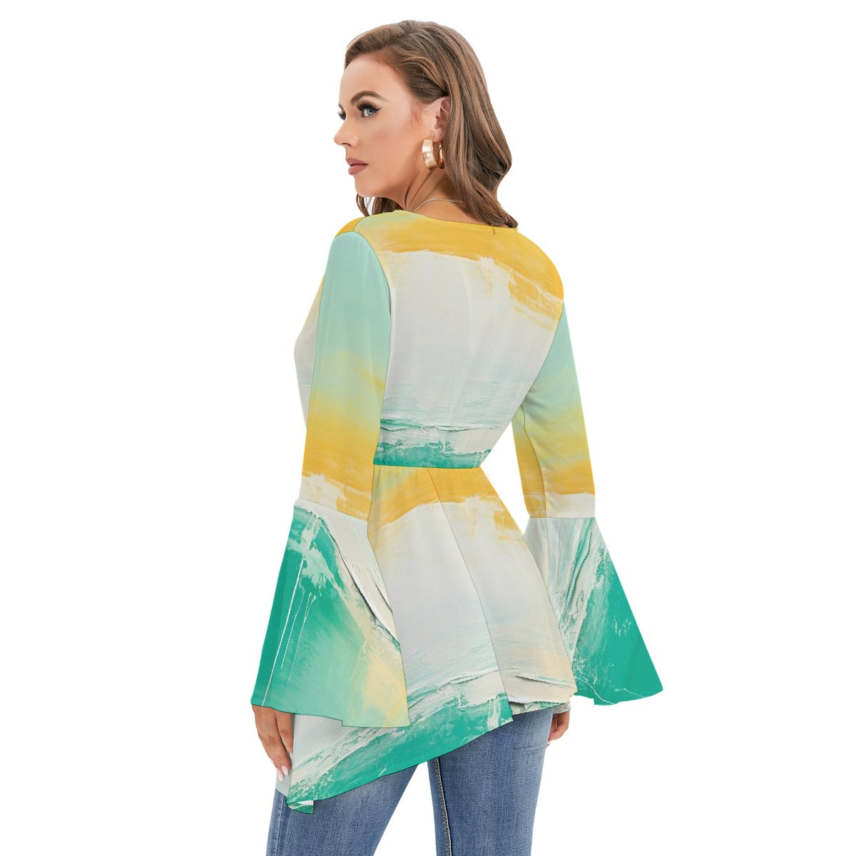 All-Over Print Women's V-neck Blouse With Flared Sleeves