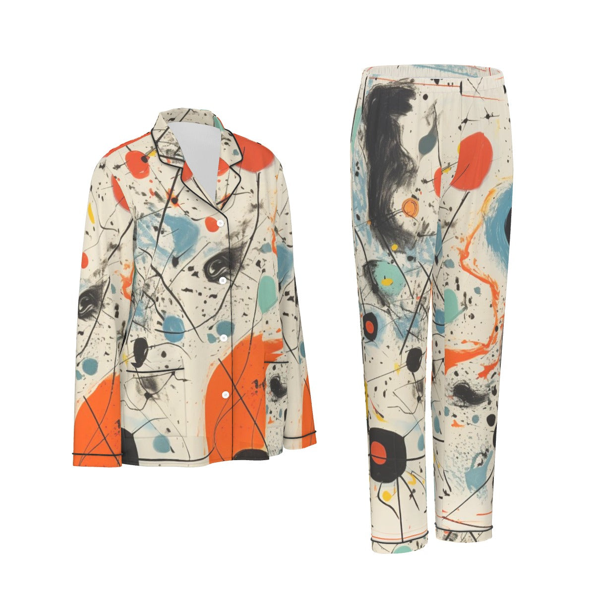 All-Over Print Women's Long Sleeve Pajama Set With Black Contrast Piping