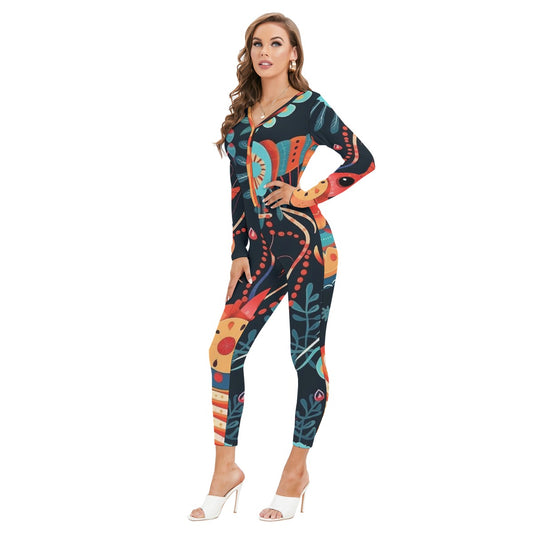 All-Over Print Women's Plunging Neck Jumpsuit