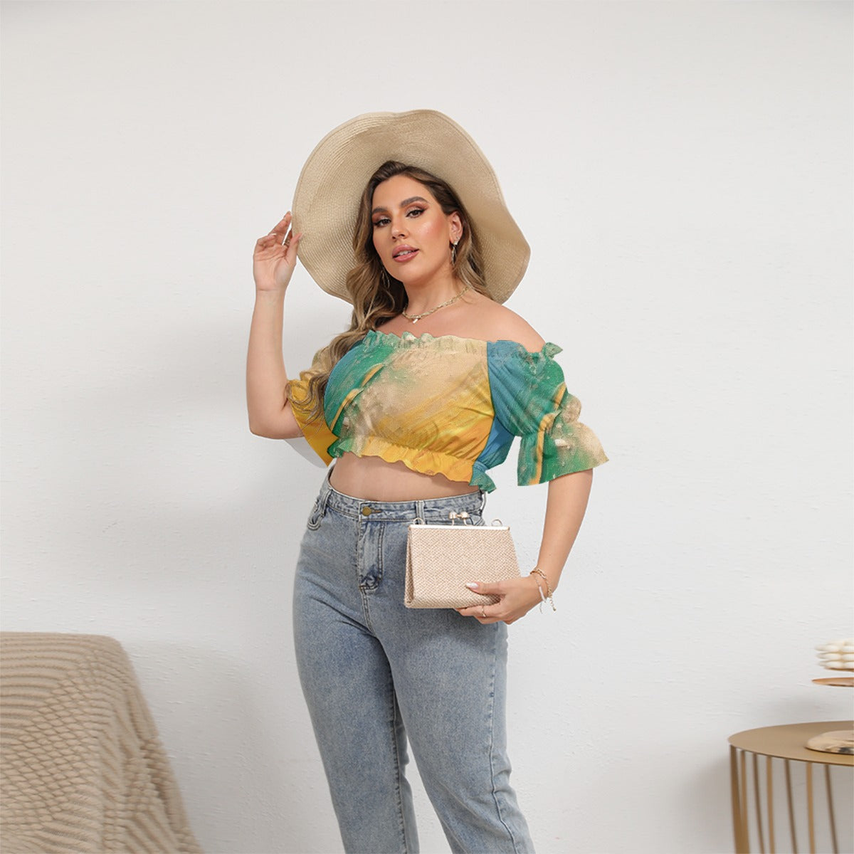 All-Over Print Women's Off-shoulder Cropped Top With Short Puff Sleeve