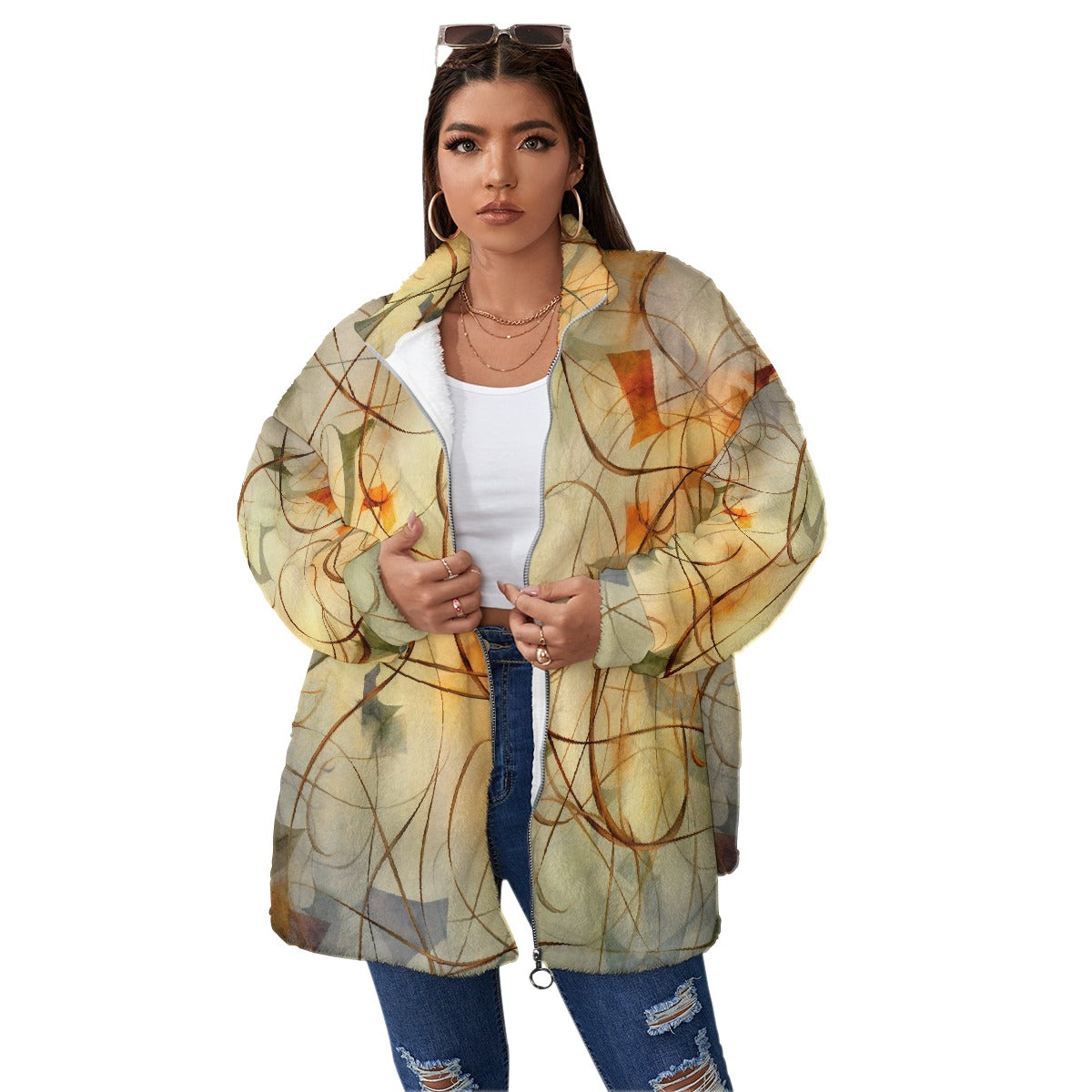 All-Over Print Unisex Borg Fleece Stand-up Collar Coat With Zipper Closure(Plus Size)