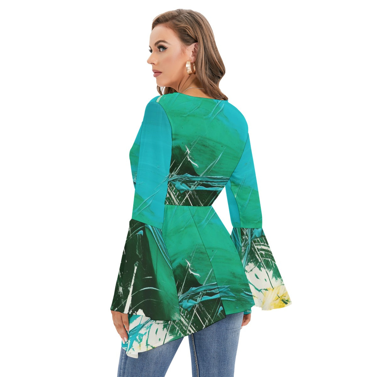 All-Over Print Women's V-neck Blouse With Flared Sleeves